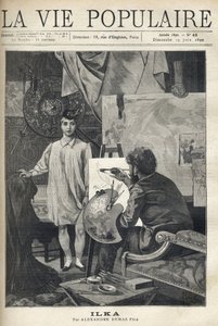 In een atelier poseert een jong model in een hemd en sok met een kleine verenhoed voor een schilder, die aan zijn ezel zit, zijn palet en penselen vasthoudt en zich toelegt op zijn schets. Illustratie door Alfons Maria Mucha (Alphonse Marie Mucha)