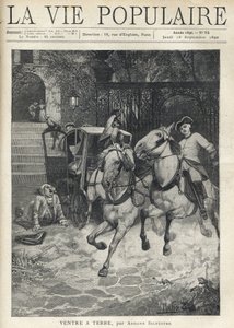 Voor de trap van een klein kasteel arriveert een jonge ruiter in de binnenplaats, spant zijn paard en jaagt de paarden van de koets die bij de poort geparkeerd staan, een grote man met een pruik ligt op de grond na een val door Anonymous Anonymous