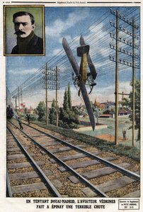 In verleiding Douai - Madrid, vliegenier Jules Vedrines (1881-1919) maakte in Epinay een vreselijke val. Gravure in Le Petit Journal, op 12/05/1912