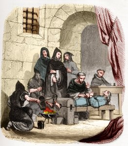 Inquisitie in Spanje in de 15e eeuw: Maria van Bourgondië (1457-1482), beschuldigd van joods zijn, wordt gemarteld door (heilige) Peter (Pedro) van Arbues (1441/1442-1485), Spaanse inquisiteur: hij brandt haar voeten. Illustratie in 