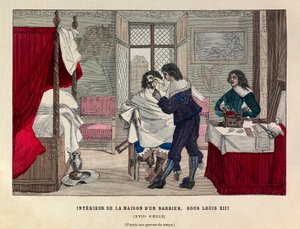 Interieur van een kappershuis in Parijs onder het bewind van koning Lodewijk XIII in de 17e eeuw - Interieur van een kappershuis, regering van koning Lodewijk XIII van Frankrijk 17e eeuw - privécollectie door Anonymous Anonymous