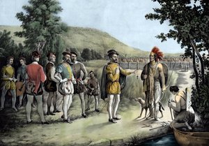 Jacques Cartier, zijn eerste ontmoeting met de Indianen in Hochelaga nu Montreal in 1535 (litho)
