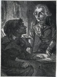 Jean-Paul (Jean Paul) Marat (1743-1793) met Maximilien de Robespierre (1758-1794). Gravure uit 1866 in “Histoire de la Révolution française” door Adolphe Thiers. Privécollectie. door Anonymous Anonymous