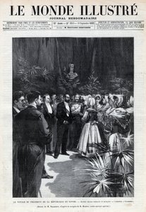 Reis van Sadi Carnot (1837-1894) naar Savoye: de president van de republiek wordt verwelkomd in Chambéry door jonge meisjes die hem een boeket bloemen aanbieden. Een krant. Gravure in 