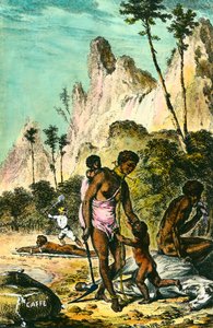 Reis naar het Île de France (het huidige Mauritius): het werk van slaven. Een witte meester slaat een slaaf die op de grond ligt. Een vrouw draagt een ketting met haar voet. Gravure uit de 18e eeuw. Privécollectie. door Anonymous Anonymous