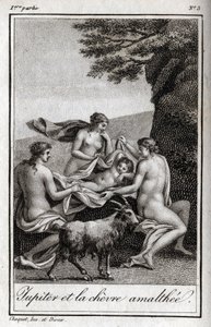 Jupiter kind gevoed door de geit Amalthee. Gravure uit 1819 in 