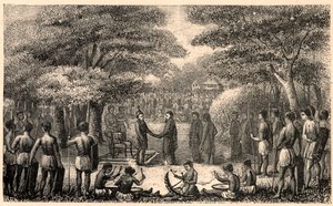 Koning Lebuschi verwelkomt Henri Depelchin (1822-1900), jezuïet missionaris en eerste overste van de missie van Boven Zambeze in Afrika. Gravure in 