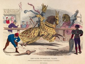 Ridders en knechten bij een toernooi in Parijs in de 15e eeuw - gravure - Joustende ridder en knechten