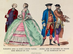 Links: Elegante met een grote mandjurk, mondaine abt in 1760 / Rechts: Jonge mannen in jacht- en wandelsuit in 1760 (regeerperiode van koning Lodewijk XV) - privécollectie