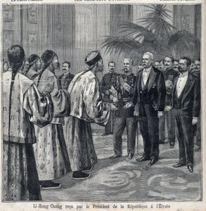 Li Hongzhang ontvangen door de president van de republiek Felix Faure in het Elysee-paleis. Gravure in Le Petite Parisien door Anonymous Anonymous