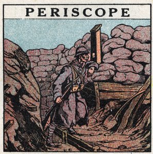 Lichtreflectie: periscoop gebruikt in een loopgraaf door een soldaat tijdens de Eerste Wereldoorlog (1914-1918). Anonieme illustratie uit 1925. Privécollectie.