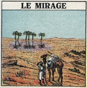 Lichtbreking: luchtspiegeling. Atmosferische breking geeft de illusie van een oase die in een woestijn verschijnt. Anonieme illustratie uit 1925. Privécollectie.