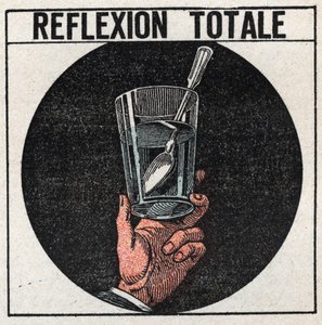 Lichtbreking: totale reflectie waargenomen met een zilveren lepel in een glas water. Kijkend vanaf onder het wateroppervlak zien we het beeld van de lepel als in een spiegel. Anonieme illustratie uit 1925. Privécollectie.