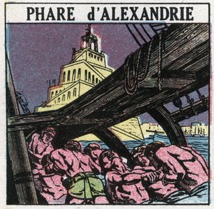 Lichtsignalen: de vuurtoren van Alexandrië in het oude Egypte. Anonieme illustratie uit 1925. Privécollectie.
