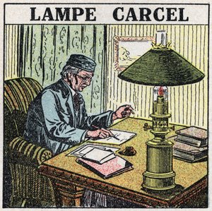 Lichtbronnen: Carcel-lamp, uitgevonden door Guillaume Carcel (1750-1812) en gebruikmakend van plantaardige olie. Anonieme illustratie uit 1925. Privécollectie door Anonymous Anonymous