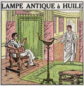 Lichtbronnen: olielamp gebruikt in de oudheid. Anonieme illustratie uit 1925. Privécollectie. door Anonymous Anonymous