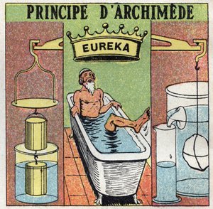 Vloeistofbalans: principe van Archimedes (lichamen in water duwen). Terwijl hij een bad nam, merkte Archimedes van Syracuse (287 v.Chr.-212 v.Chr.) op dat zijn been zwaarder woog buiten het water dan in het water en riep 
