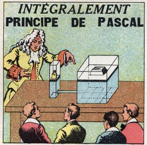 Vloeistofbalans: principe van Blaise Pascal (1623-1662). Anonieme illustratie uit 1925. Privécollectie. door Anonymous Anonymous