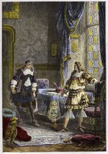 Lodewijk XIV ontslaat Nicolas Fouquet - Lodewijk XIV ontslaat de Superintendent van Financiën, Nicolas Fouquet - gravure uit 