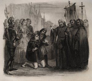 Lodewijk XI (1423-1483) vraagt om zijn genezing aan Francois de Paule (1416-1507) Gravure uit 1846 in “Lives of the saints”. Privécollectie. door Anonymous Anonymous