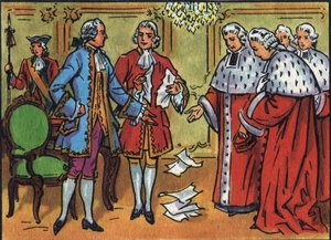 Lodewijk XV (1710-1774), koning van Frankrijk, breekt de uitspraken van het parlement. Anonieme illustratie in Collection des souverains et chefs d