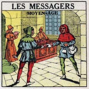Post: Boodschappers in de Middeleeuwen. Anonieme illustratie uit 1925. Privécollectie. door Anonymous Anonymous