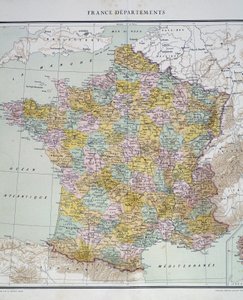 Kaart: Franse departementen. Atlas van de jaren 1950.