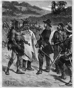 Ontmoeting van Robert Cavelier de La Salle (1643-1687) met de Indianen van Amerika bij Lake Peoria (gravure in 
