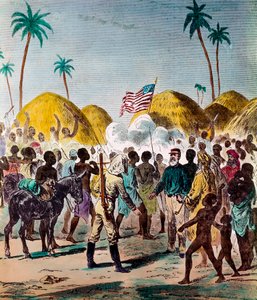 Ontmoeting van journalist Henry Morton Stanley (1841-1904) en David Livingstone (1813-1873), Britse arts en ontdekkingsreiziger, op 10/11/1871 in Tanzania. Gravure uit de 19e eeuw door Anonymous Anonymous