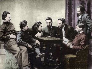 Leden van de Sreda literaire kring, gevormd in de tweede helft van de jaren 1890 door Russische realistische schrijvers - Portretten van Russische intellectuelen van de literaire groep Znanie: van links naar rechts, Andrei Skitalets (Stephan Gabrilovich Pe door Anonymous Anonymous