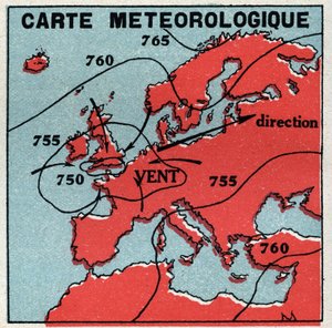 Meteorologie: meteorologische kaart. Anonieme illustratie uit 1925. Privécollectie.