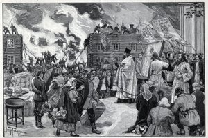 Moskou, brand in de buitenwijk Kaluga: de orthodoxe geestelijkheid presenteert de Heilige Beelden in een poging de stad te beschermen en brandweerlieden bestrijden de brand. Gravure in 