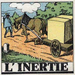 Bewegingen: traagheid. Een voerman geeft zweepslagen om zijn paard vooruit te laten gaan. Anonieme illustratie uit 1925. Privécollectie.