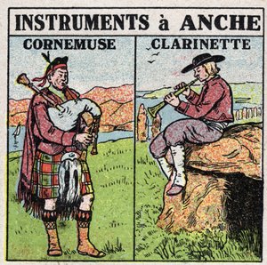 Muziekinstrumenten: blaasinstrumenten bij de heup. Fluit- en klarinetspelers. Anonieme illustratie uit 1925. Privécollectie.