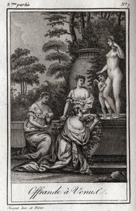Aanbieding aan Venus. Kleine liefdes (engeltjes) verzamelen zich om eer te bewijzen aan de godin Aphrodite. Gravure uit 1819 in "Lettres à Emilie sur la mythologie" door Charles Albert Demoustier (1760-1801). Privécollectie.