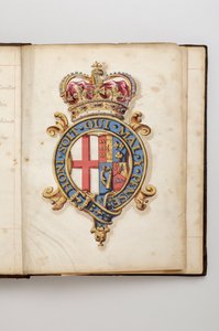 Orde van de Kousenband: Boek van Statuten dat toebehoorde aan Charles Fitzroy, Hertog van Grafton - Koninklijke wapens van de Hanovrianen van 1714 tot 1801 (Aquarel manuscript, begin 18e eeuw) door Anonymous Anonymous