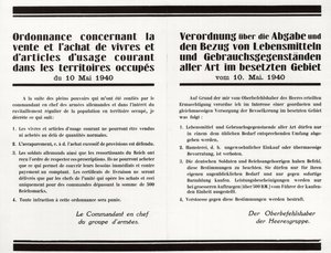 Verordening betreffende de verkoop en aankoop van voedsel en gebruiksartikelen in de bezette gebieden - Frans-Duitse tweetalige poster door Anonymous Anonymous