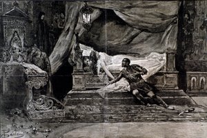 Otello doodt zichzelf naast het lichaam van Desdemona. Illustratie van de laatste scène van Otello, opera door Giuseppe Verdi