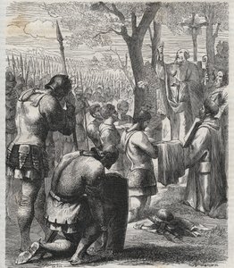 Otto I, Heilige Roomse Keizer ontvangt communie voor de Slag bij Lechfeld (955) - De Duitse Keizer Otto I (Othon) (912-973) ontving communie voor de Slag bij Lechfeld in 955 - gravure uit 1864