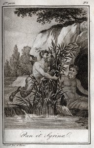 Pan en de nimf Syrinx veranderd in riet. Gravure uit 1819 in 