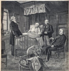 Panama-schandaal (Panama-zaak): De kamer van Cornelius Herz (1845-1898) Frans-Amerikaanse arts en zakenman in Bournemouth: bezoek van Dr. Jean Martin Charcot (1825-1893), klinisch arts en neuroloog, en Paul Brouardel (1837-1906) - Gravure
