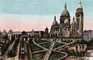 Parijs: kabelbaan en Basiliek van het Heilig Hart (Sacré-Coeur) op de Butte Montmartre. Foto uit 1920 in 