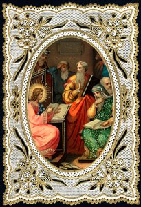 Vrome afbeelding: Jezus kind met dokters. Dentelkaart. Chromolithografie begin 20e eeuw Privécollectie door Anonymous Anonymous