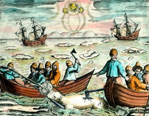 Jachtscène op ijsberen in Canada. Gravure uit de 18e eeuw. Privécollectie