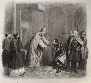 Paus St. Pius V (1566-1572) ontvangt de winnaar van de Slag bij Lepanto. Gravure uit 1846 in Lives of the Saints. Privécollectie