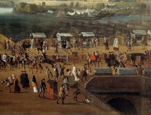 Draagstoelen en menigte op de Pont Neuf in Parijs in de 17e eeuw (detail)