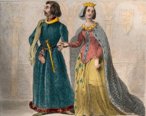 Portret van Charlotte de Savoie (1441-1483) koningin van Frankrijk, met Lodewijk XI van Frankrijk, bekend als de Voorzichtige (1423-1483). Gravure uit 1859 in Le Monde. Geschiedenis van alle volkeren vanaf de vroegste tijden tot heden. door M. E. de Lostal