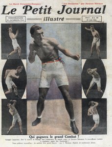 Portret van de Franse bokser Georges Carpentier die zal vechten tegen de Amerikaanse bokser Jack Dempsey voor de titel van Wereldkampioen. Illustratie uit 