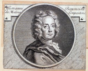 Portret van de Italiaanse barokcomponist en cellist Giovanni Battista Bononcini - Gravure 18e eeuw