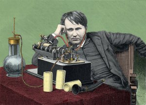 Portret van Thomas Edison (1847-1931), Amerikaanse natuurkundige, met zijn fonograaf. Gravure rond 1900. door Anonymous Anonymous